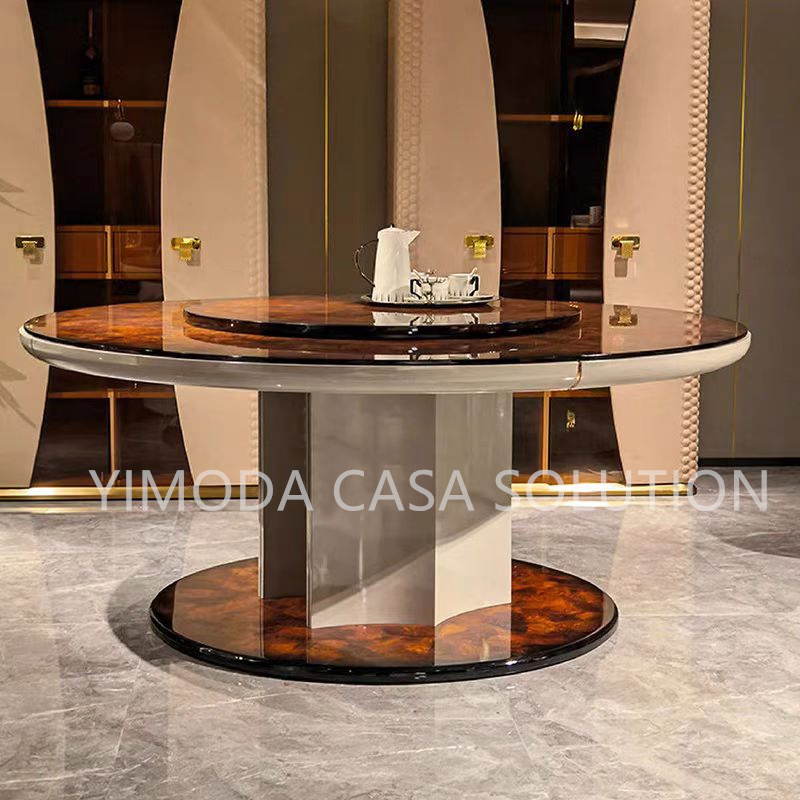 Italian Round Brown Glossy Natural Wood Veneer Top Modern Luxury Furniture Kichen Round Dinning Table Set