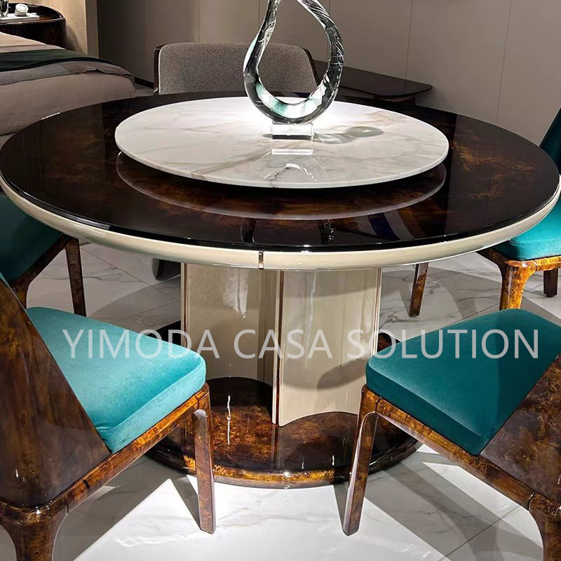 Italian Round Brown Glossy Natural Wood Veneer Top Modern Luxury Furniture Kichen Round Dinning Table Set