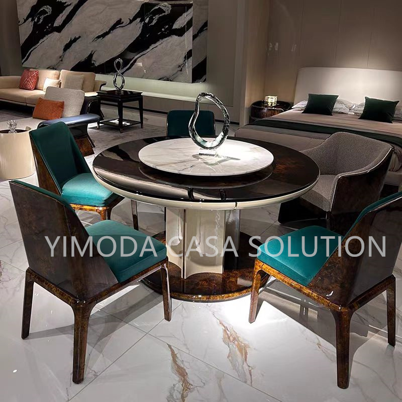 Italian Round Brown Glossy Natural Wood Veneer Top Modern Luxury Furniture Kichen Round Dinning Table Set