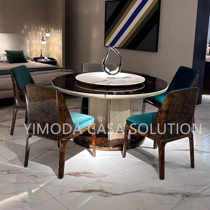 Italian Round Brown Glossy Natural Wood Veneer Top Modern Luxury Furniture Kichen Round Dinning Table Set