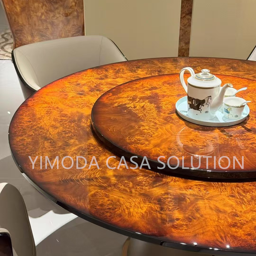 Luxury Design Round Brown Dining Table Set Dining Room Furniture Luxury Natural Marble Top with Leather Cover Base Dining Table