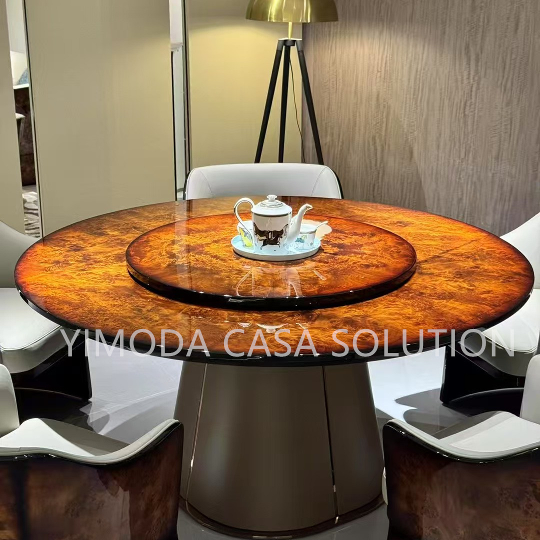 Luxury Design Round Brown Dining Table Set Dining Room Furniture Luxury Natural Marble Top with Leather Cover Base Dining Table