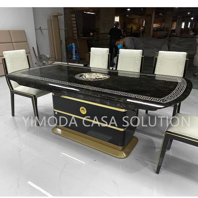 High End Modern Luxury Gold Stainless Steel Black Glossy Dining Table 8 Seats Rectangle Marble Dining Table Set for Villa