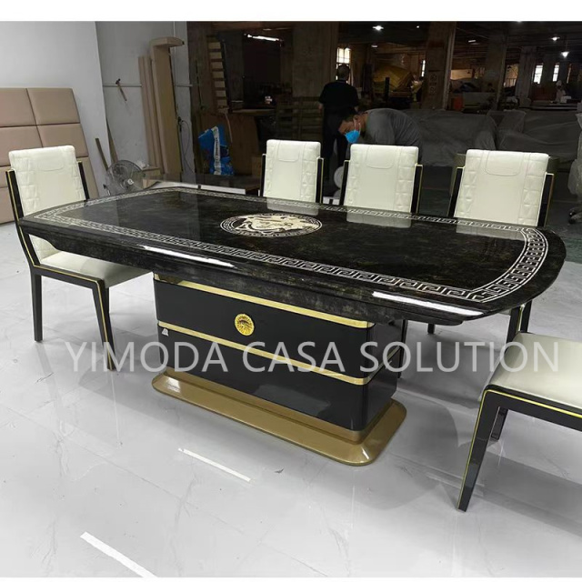 High End Modern Luxury Gold Stainless Steel Black Glossy Dining Table 8 Seats Rectangle Marble Dining Table Set for Villa