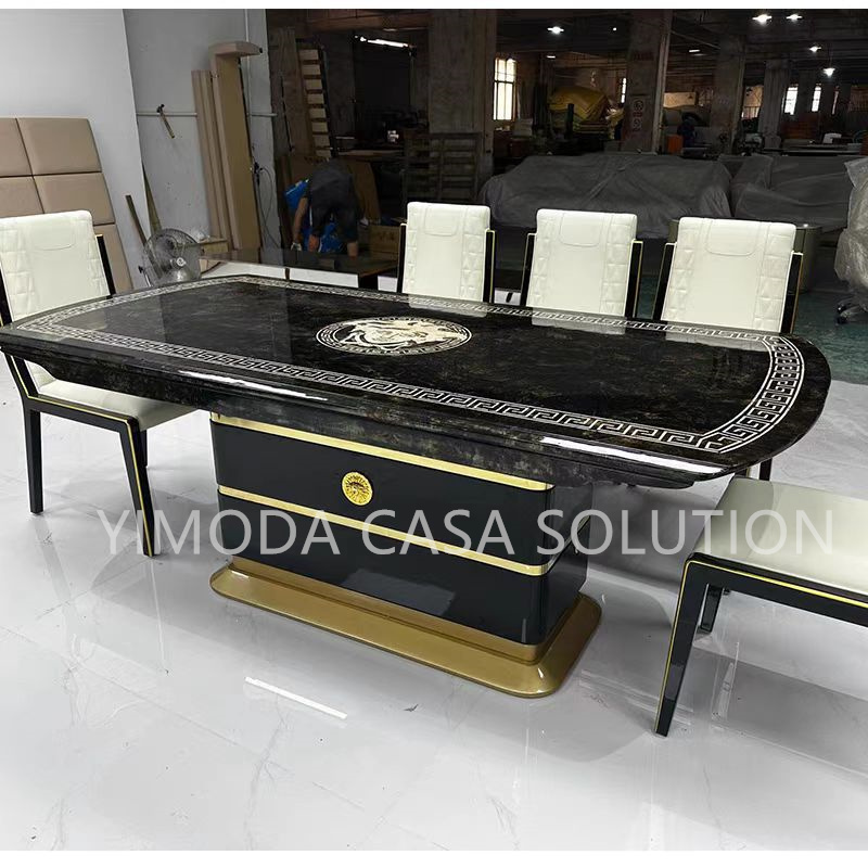 High End Modern Luxury Gold Stainless Steel Black Glossy Dining Table 8 Seats Rectangle Marble Dining Table Set for Villa
