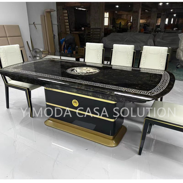 High End Modern Luxury Gold Stainless Steel Black Glossy Dining Table 8 Seats Rectangle Marble Dining Table Set for Villa