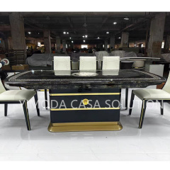 High End Modern Luxury Gold Stainless Steel Black Glossy Dining Table 8 Seats Rectangle Marble Dining Table Set for Villa