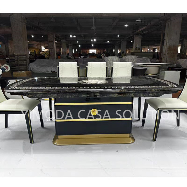 High End Modern Luxury Gold Stainless Steel Black Glossy Dining Table 8 Seats Rectangle Marble Dining Table Set for Villa