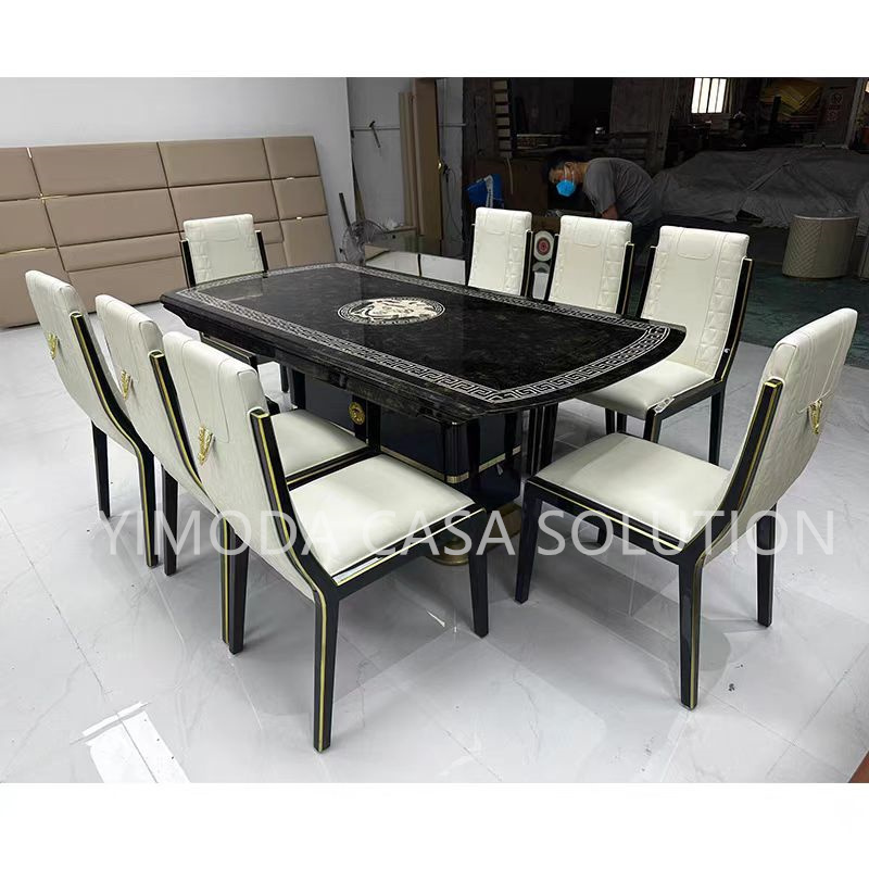 High End Modern Luxury Gold Stainless Steel Black Glossy Dining Table 8 Seats Rectangle Marble Dining Table Set for Villa