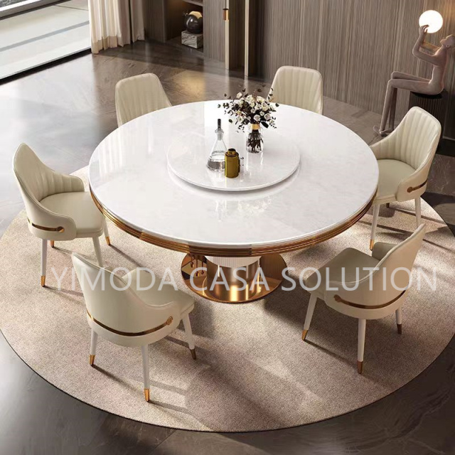 Italian Modern White Marble Top Dining Table and Chair Set Luxury Marble Top Gold Stainless Steel Frame Dining Room Furniture