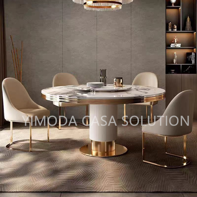 Italian Modern White Marble Top Dining Table and Chair Set Luxury Marble Top Gold Stainless Steel Frame Dining Room Furniture