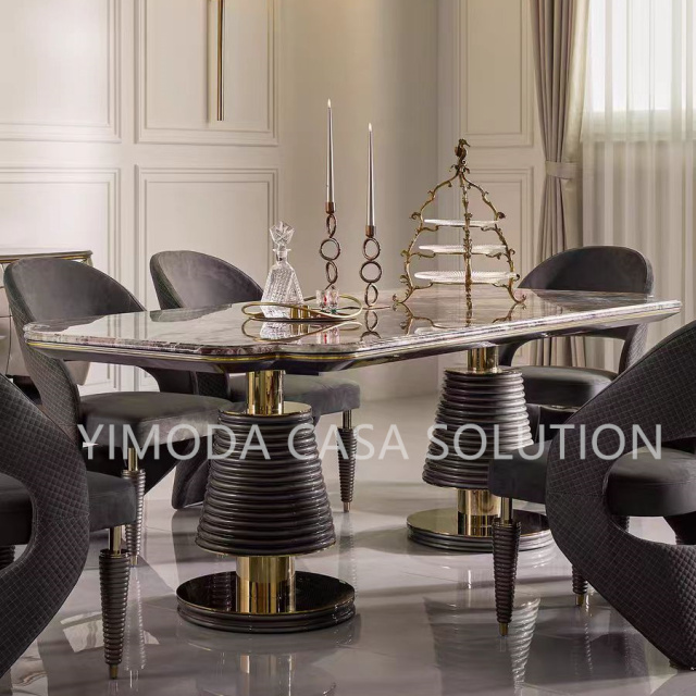 High-End Contemporary Dining Table Set Shiny Rock Slab marble top with 6 Chairs Luxury Modern Home Furniture