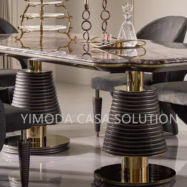 High-End Contemporary Dining Table Set Shiny Rock Slab marble top with 6 Chairs Luxury Modern Home Furniture