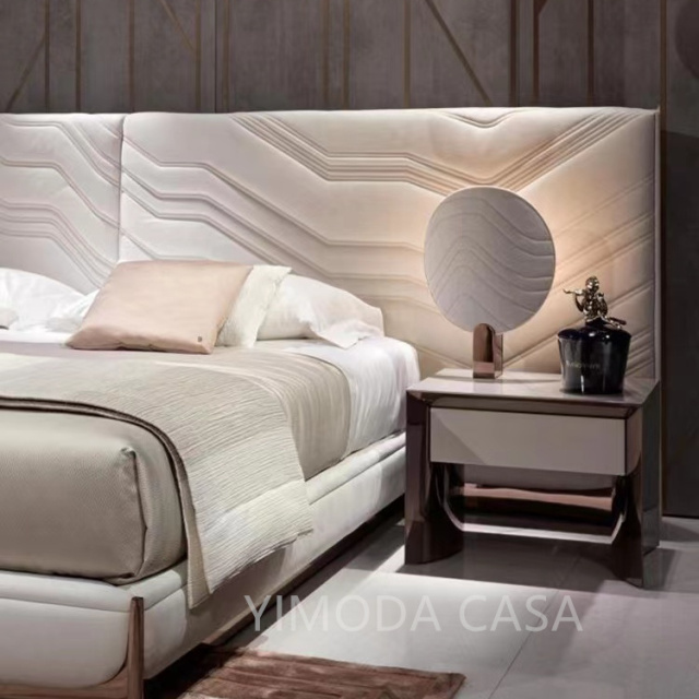 Modern Classic Home Hotel Super large bedhead Solid Wood Bedroom Set King Size Bed Classic beige leather art luxury bedroom set