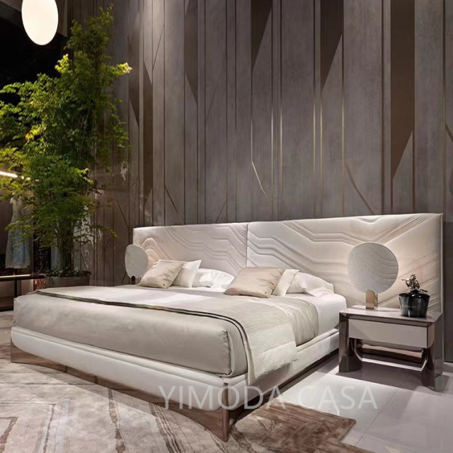 Modern Classic Home Hotel Super large bedhead Solid Wood Bedroom Set King Size Bed Classic beige leather art luxury bedroom set