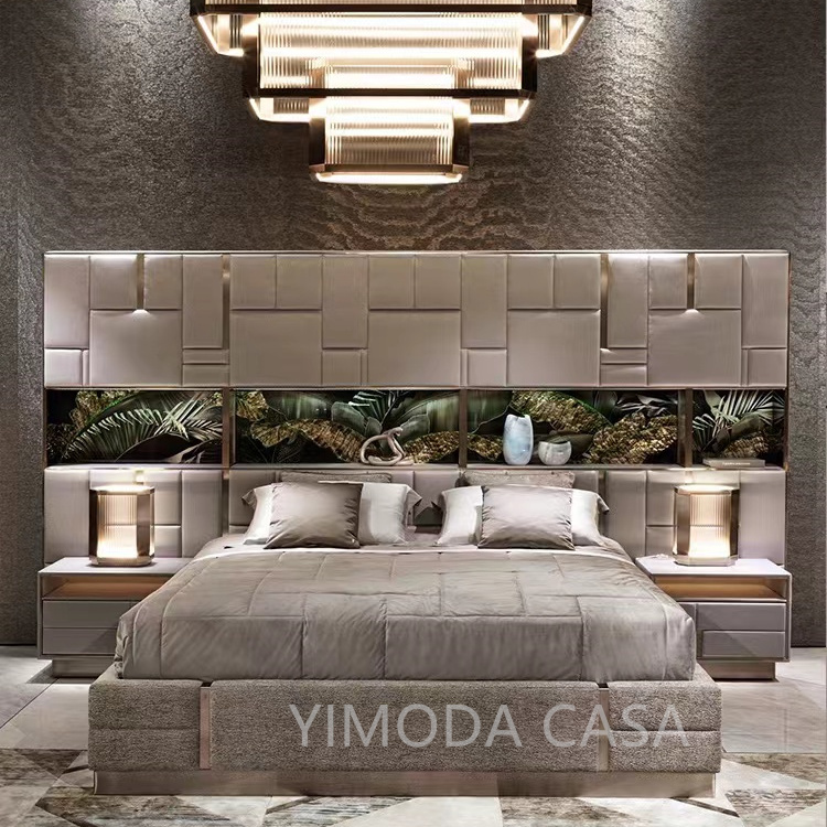 Modern Luxury Bedroom Furniture Hot Selling Beautiful Art Large bedhead High Quality King and Queen Size Bed Set