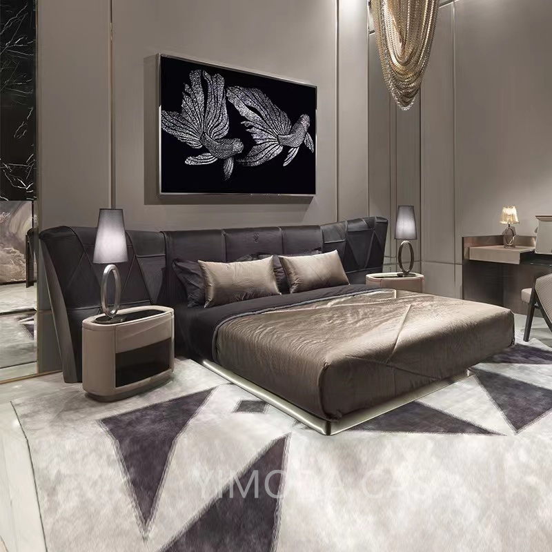Italian Luxury Master Bedroom Large Black large bedhead Wood Bed Modern Double Bed Luxury Upholstered Bed