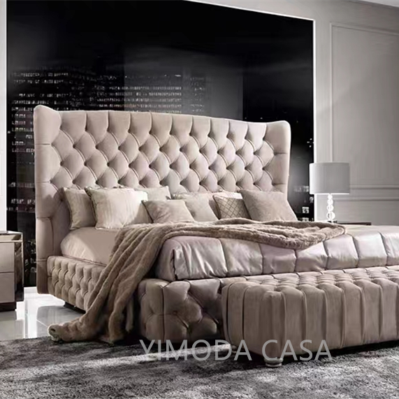 Popular Modern Style Luxury Double Bed Set Furniture King Size Chesterfield Bed Beige Leather Designer Bed Frame for Hotel Home Bedroom Set