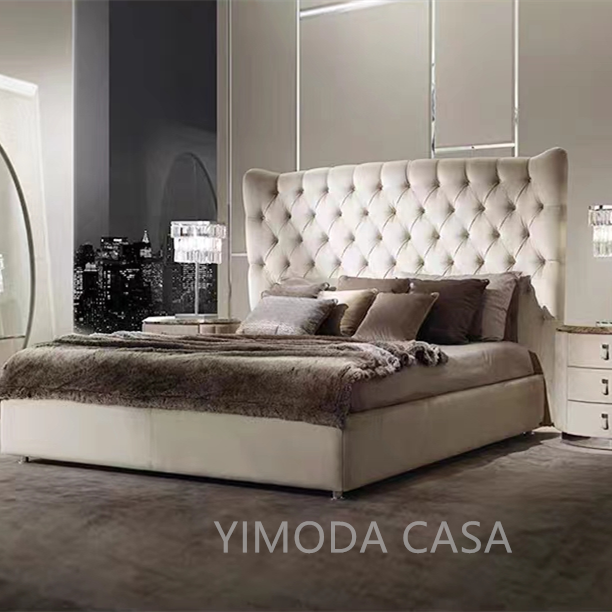 Popular Modern Style Luxury Double Bed Set Furniture King Size Chesterfield Bed Beige Leather Designer Bed Frame for Hotel Home Bedroom Set