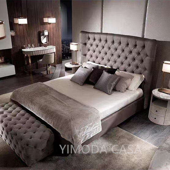 Popular Modern Style Luxury Double Bed Set Furniture King Size Chesterfield Bed Beige Leather Designer Bed Frame for Hotel Home Bedroom Set