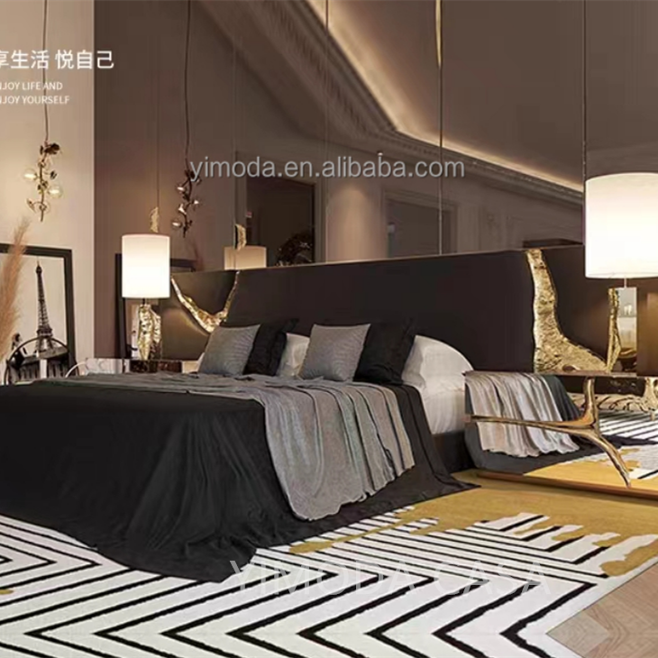 Hot-selling Luxury Modern Design White Leather Golden River Upholstered Bed King-size Double Wooden Solid Wood Frame Bedroom Furniture Set Home Hotel