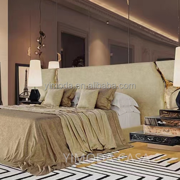 Hot-selling Luxury Modern Design White Leather Golden River Upholstered Bed King-size Double Wooden Solid Wood Frame Bedroom Furniture Set Home Hotel