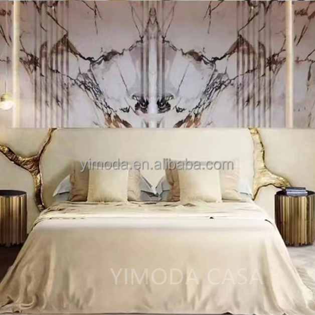 Hot-selling Luxury Modern Design White Leather Golden River Upholstered Bed King-size Double Wooden Solid Wood Frame Bedroom Furniture Set Home Hotel