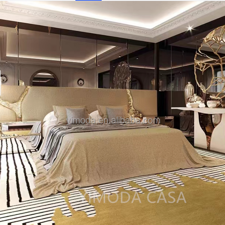 Hot-selling Luxury Modern Design White Leather Golden River Upholstered Bed King-size Double Wooden Solid Wood Frame Bedroom Furniture Set Home Hotel