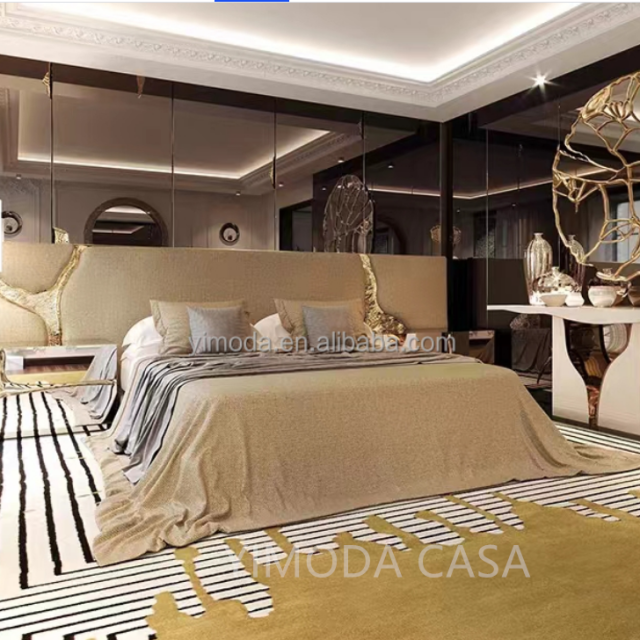 Hot-selling Luxury Modern Design White Leather Golden River Upholstered Bed King-size Double Wooden Solid Wood Frame Bedroom Furniture Set Home Hotel