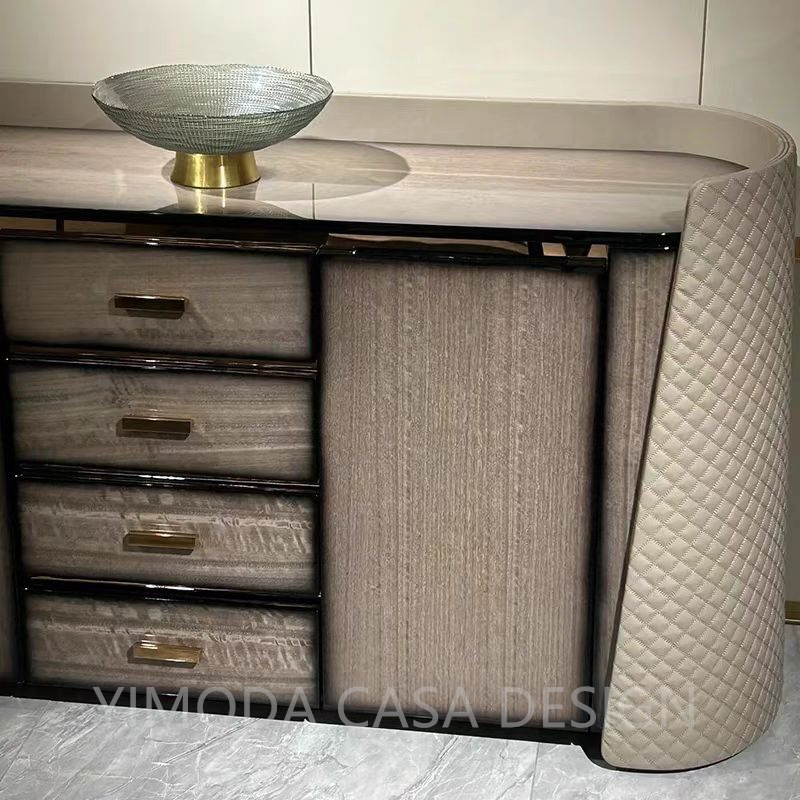 Custom Neo-Classical Modern Bar Cabinets Beige Glossy Finish Entryway Beige leather color Dining Living Room Storage Cabinet dining cabinet