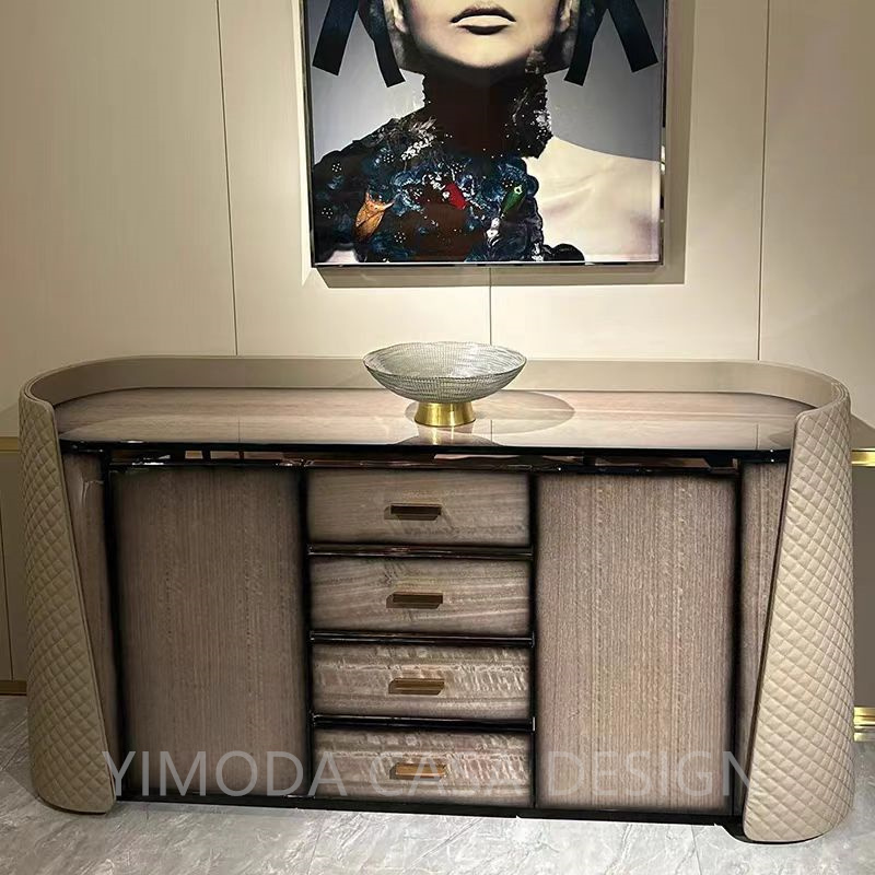 Custom Neo-Classical Modern Bar Cabinets Beige Glossy Finish Entryway Beige leather color Dining Living Room Storage Cabinet dining cabinet