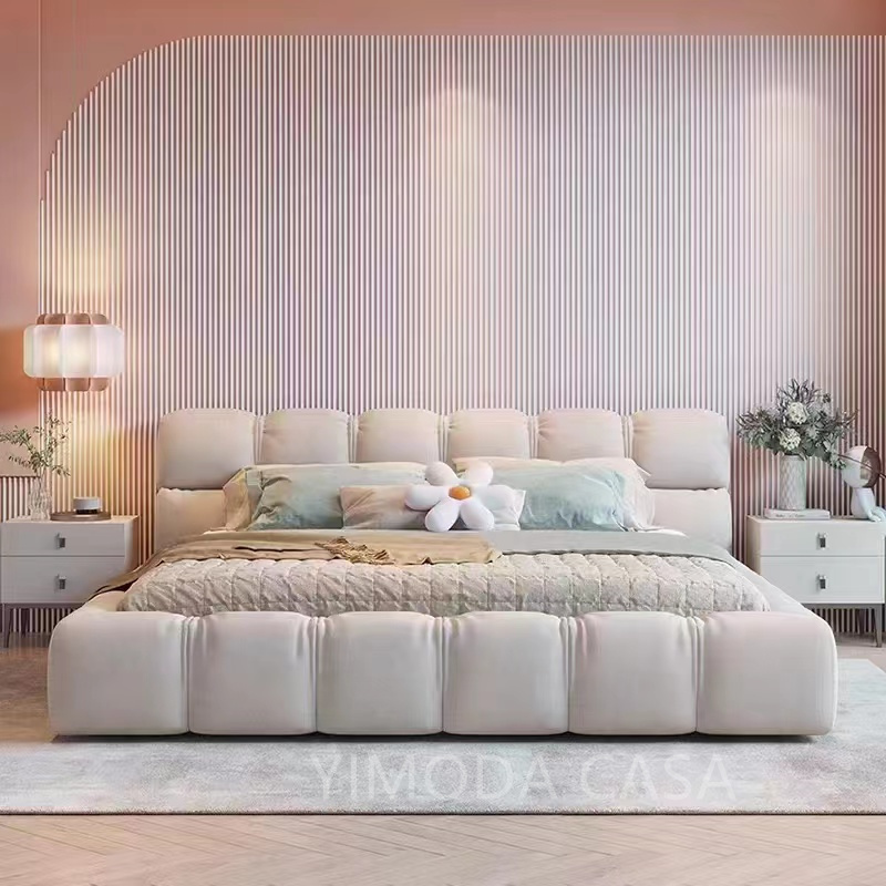 Modern elegant Beige velvet Double Bed Frame Modern King Queen Size Bed