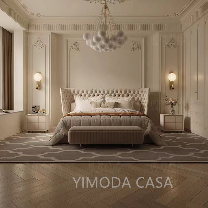Villa Modern New Style Wide Beige chesterfiled Headboard Bed Design Bed Room Furniture Bedroom Set Luxury Upholstered in Fabric Hotel Customization