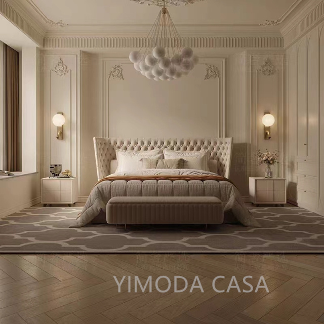 Villa Modern New Style Wide Beige chesterfiled Headboard Bed Design Bed Room Furniture Bedroom Set Luxury Upholstered in Fabric Hotel Customization