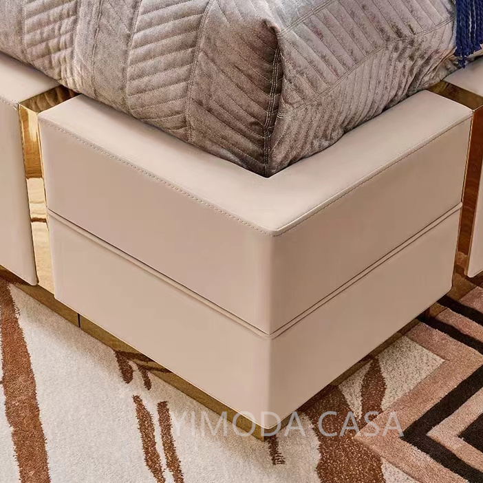 Luxury Beige leather Double King Size Bed Hotel Project Bedroom Furniture Solid Wood Modern Large Upholstered Bed
