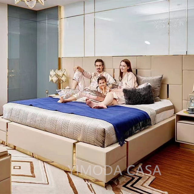 Luxury Beige leather Double King Size Bed Hotel Project Bedroom Furniture Solid Wood Modern Large Upholstered Bed