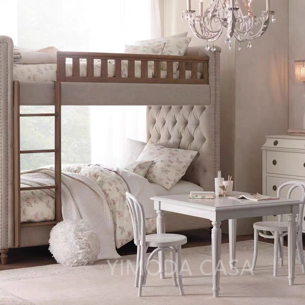 Luxury Upholstered Kid bunk Bed Modern Designer's High-end Bunk Bed With Wide chesterfield Headboard For Children Bedroom