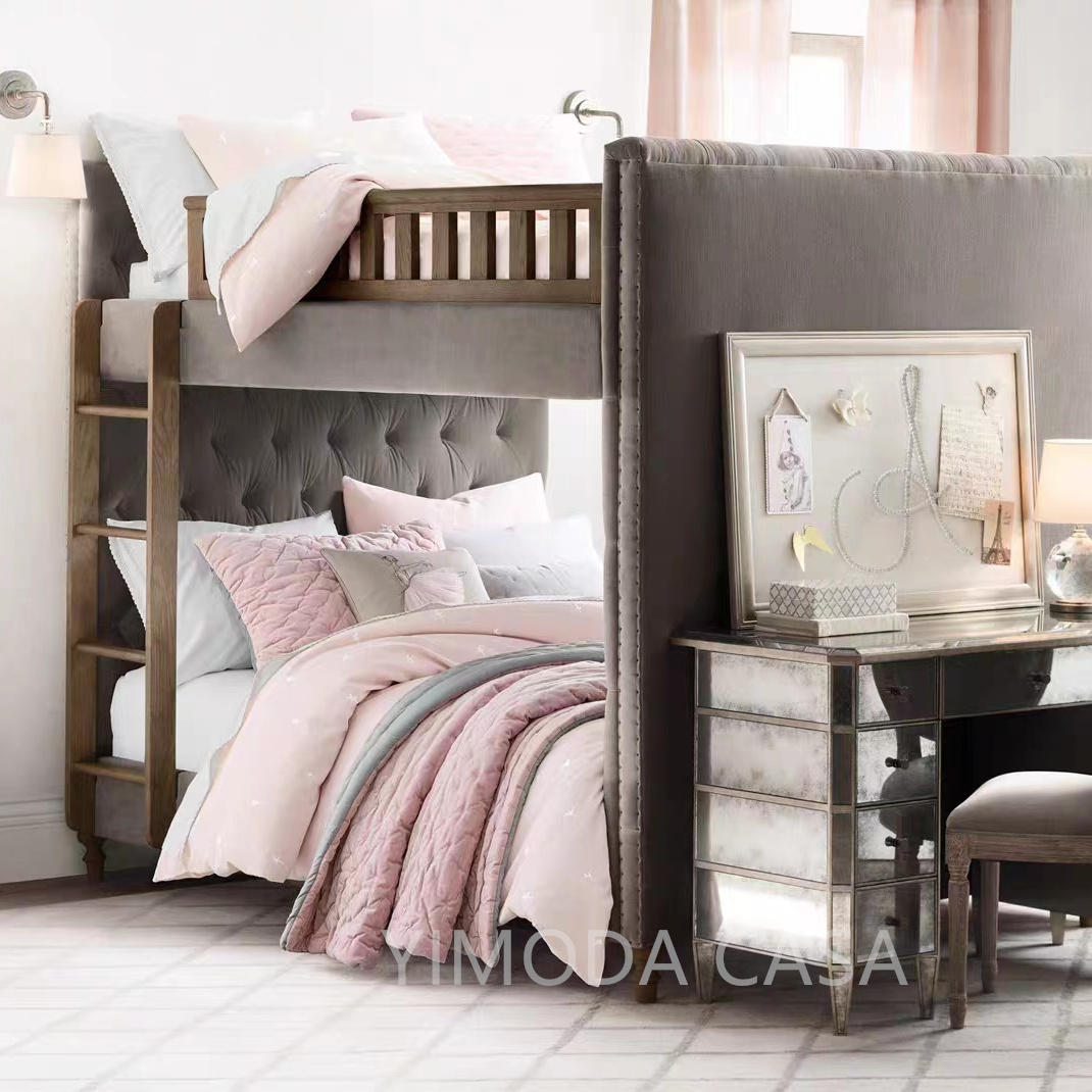 Luxury Upholstered Kid bunk Bed Modern Designer's High-end Bunk Bed With Wide chesterfield Headboard For Children Bedroom