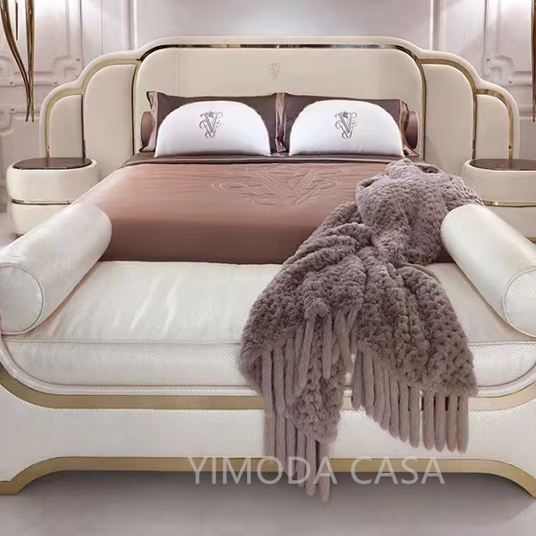 Italian Latest Luxury Beige Leather large Bedroom Furniture High End Leather Double Bed Big Headboard Luxury Modern King Size Bed