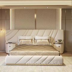 Light Luxury Beige Leather large Bedhead king Size with Solid Wood Frame Luxury Queen Bed Frame with Headboard for Villa Hotel Master