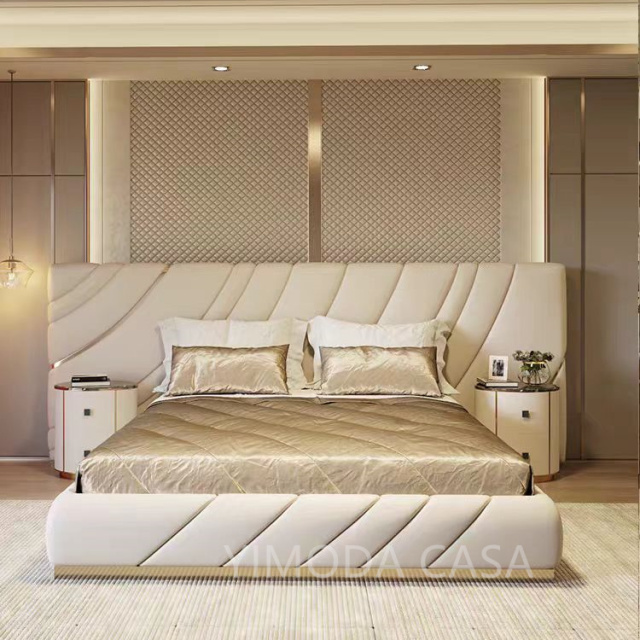 Light Luxury Beige Leather large Bedhead king Size with Solid Wood Frame Luxury Queen Bed Frame with Headboard for Villa Hotel Master