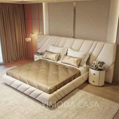 Light Luxury Beige Leather large Bedhead king Size with Solid Wood Frame Luxury Queen Bed Frame with Headboard for Villa Hotel Master