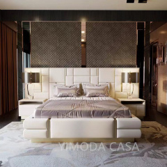 Villa Modern New Style Wide Headboard Bed Design Bed Room Furniture Bedroom Set Luxury Upholstered in white leather Super King Size Bed