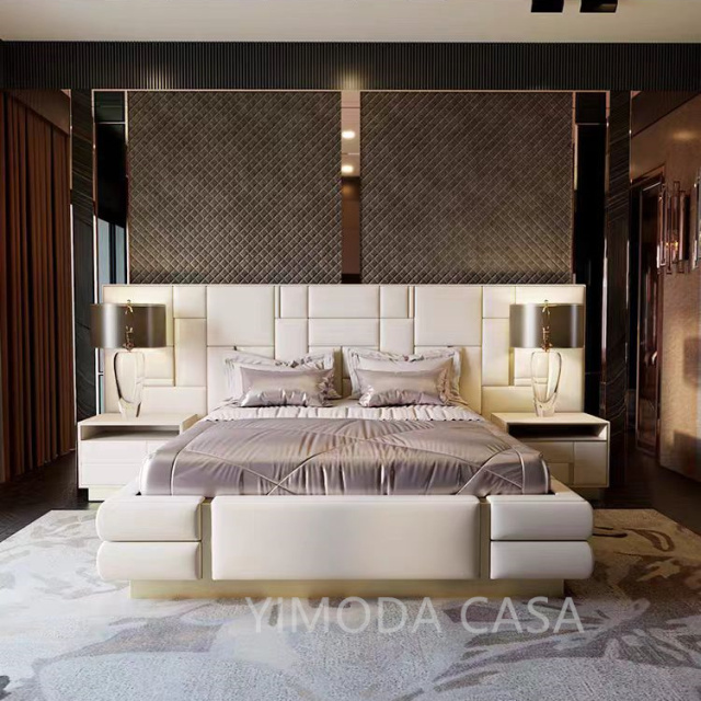 Villa Modern New Style Wide Headboard Bed Design Bed Room Furniture Bedroom Set Luxury Upholstered in white leather Super King Size Bed