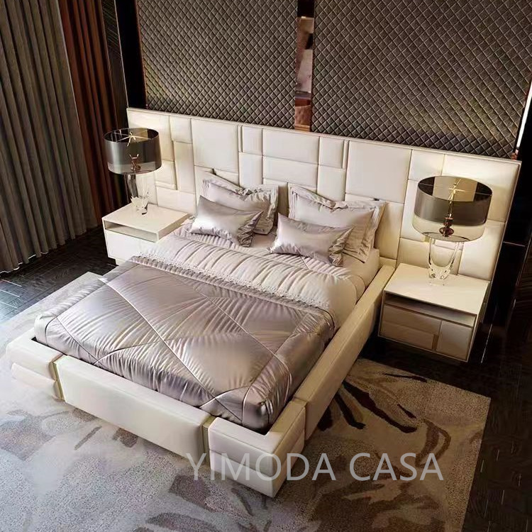 Villa Modern New Style Wide Headboard Bed Design Bed Room Furniture Bedroom Set Luxury Upholstered in white leather Super King Size Bed
