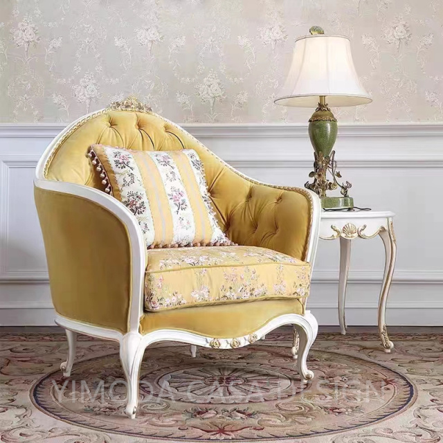 Luxury Classical French Italian Antique Style Carved yellow velvet  fabric Solid Wood Frame Artistic French chesterfield yellow Sofa Set