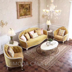 Luxury Classical French Italian Antique Style Carved yellow velvet  fabric Solid Wood Frame Artistic French chesterfield yellow Sofa Set