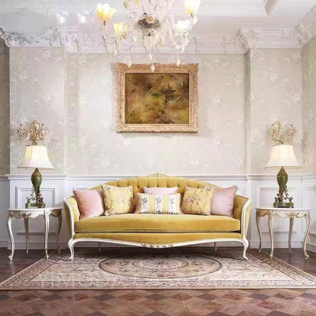 Luxury Classical French Italian Antique Style Carved yellow velvet  fabric Solid Wood Frame Artistic French chesterfield yellow Sofa Set