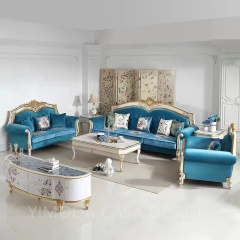 French Style embroidery blue fabric  Sofa 123 Combination Luxury Villa Living Room Antique Classic Solid Wood Carved blue french Sofa Set for Home