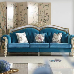 French Style embroidery blue fabric  Sofa 123 Combination Luxury Villa Living Room Antique Classic Solid Wood Carved blue french Sofa Set for Home